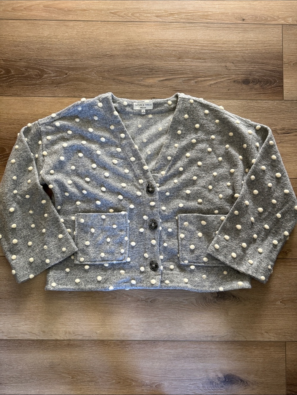 Madewell TEXTURE & THREAD Gray Cardigan with Cream Pom-Pom Dots